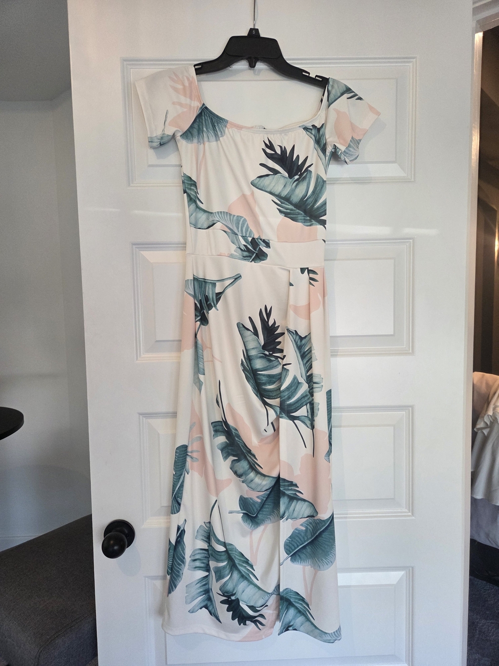Tropical Leaf Off-Shoulder Maxi Dress - Cream with Teal & Blush
